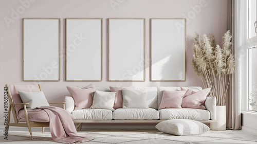 Five blank horizontal poster frames in a Scandinavian style living room with a pastel pink and white theme. Frames are arranged in a grid pattern on a large feature wall.
