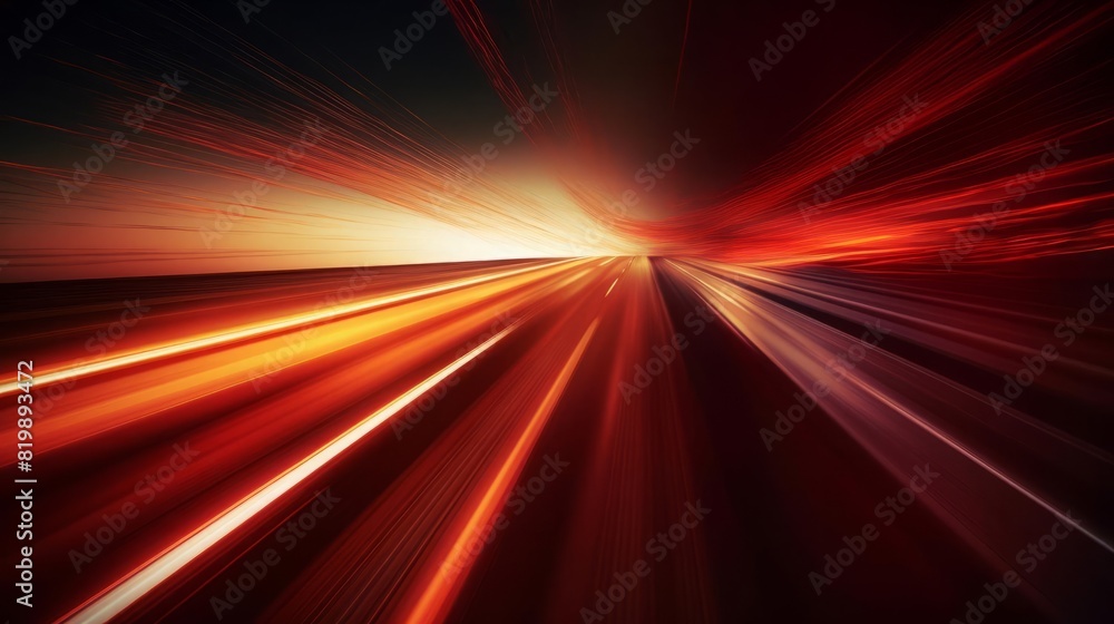 Streaks of red light, highspeed travel, selective focus, theme of motion, ethereal, Silhouette, backdrop of evening highway