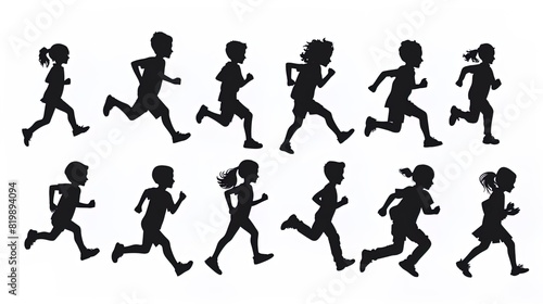 silhouettes of city kids running and playing  various activities  flat vector illustration pack