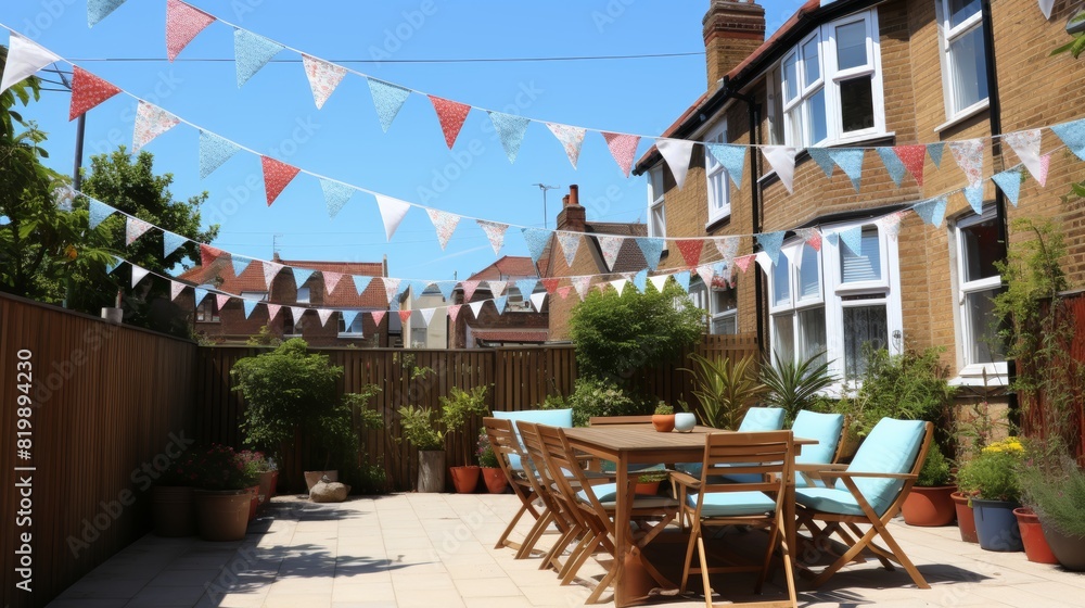 Fototapeta premium Summer festival. colorful bunting in the clear blue sky, outdoor party celebration