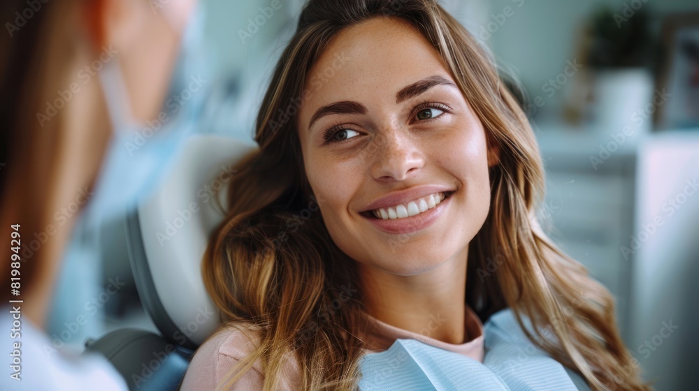 Fototapeta premium Woman sitting in dental chair looks at professional doctor stomatologist fixing her teeth