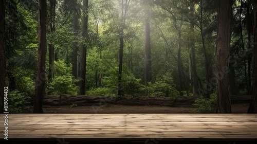 Wooden stage in the woods, peaceful retreat, close up, focus on the wood pattern, theme of nature, realistic, Double exposure, backdrop of forest greenery