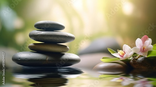 Zen spa arrangement  tranquility and peace  close up  focus on stacked stones  theme of balance  dynamic  blend mode  backdrop of a calming spa space