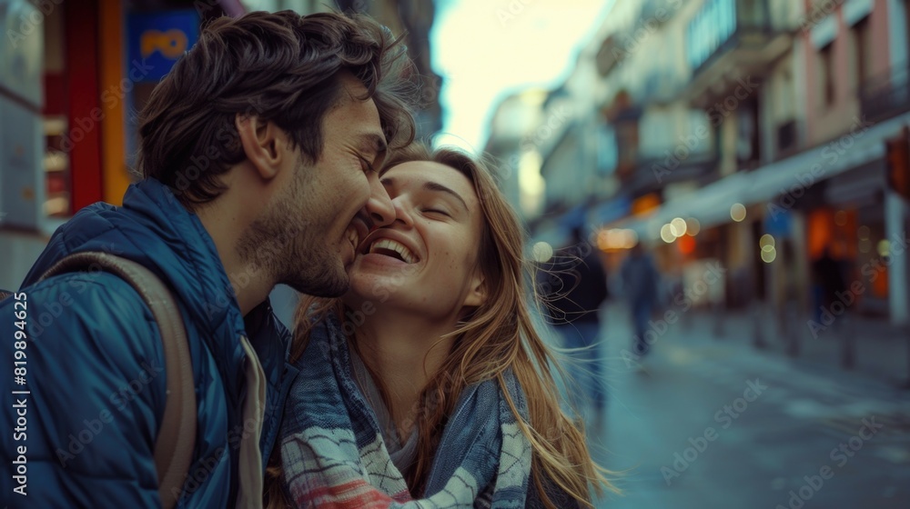 A romantic moment captured on a busy city street. Suitable for lifestyle and relationship concepts A romantic moment captured on a busy city street. Suitable for lifestyle and relationship concepts