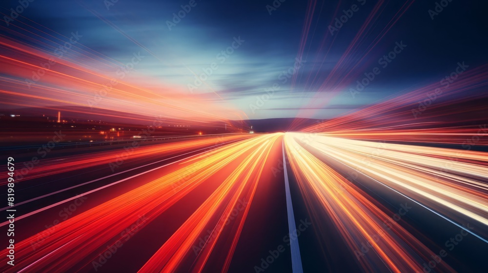 Blurred red lights on highway, speed and motion, close up, focus on the streaks, theme of fastpaced life, dynamic, Overlay, backdrop of evening sky Blurred red lights on highway, speed and motion, close up, focus on the streaks, theme of fastpaced life, dynamic, Overlay, backdrop of evening sky