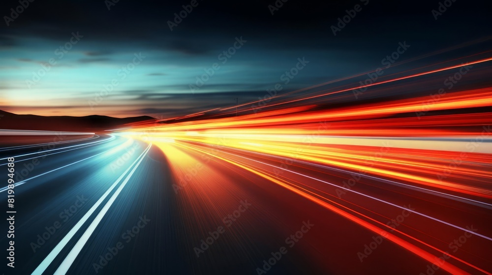 Blurred red lights on highway, speed and motion, close up, focus on the streaks, theme of fastpaced life, dynamic, Overlay, backdrop of evening sky Blurred red lights on highway, speed and motion, close up, focus on the streaks, theme of fastpaced life, dynamic, Overlay, backdrop of evening sky