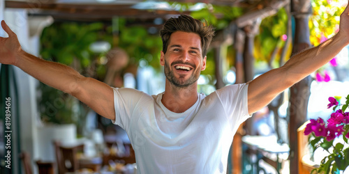 A handsome man smiling with a muscular body wearing a white t-shirt on a restaurant terrace, holding his hands behind his head. photo