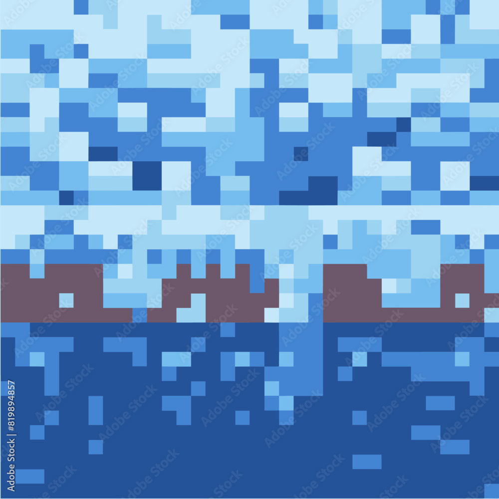 Vector snow, ice and water pixel blocks background pattern. Retro console game level cubic pixel texture. Computer 8 bit 80s arcade Vector snow, ice and water pixel blocks background pattern. Retro console game level cubic pixel texture. Computer 8 bit 80s arcade