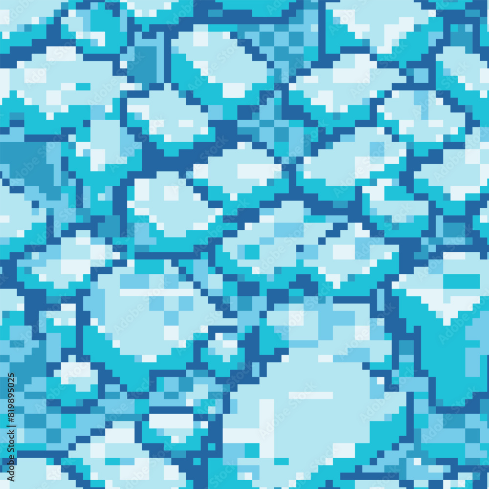 Vector snow, ice and water pixel blocks background pattern. Retro console game level cubic pixel texture. Computer 8 bit 80s arcade Vector snow, ice and water pixel blocks background pattern. Retro console game level cubic pixel texture. Computer 8 bit 80s arcade