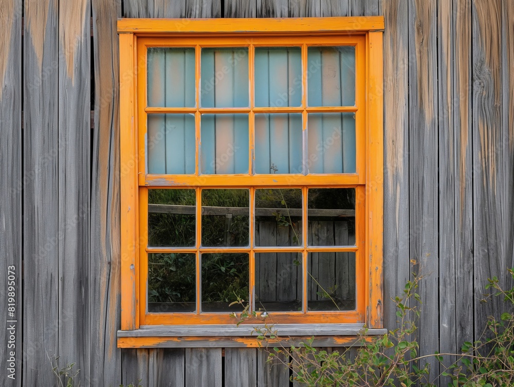 A window with a wooden frame and a yellow tint A window with a wooden frame and a yellow tint