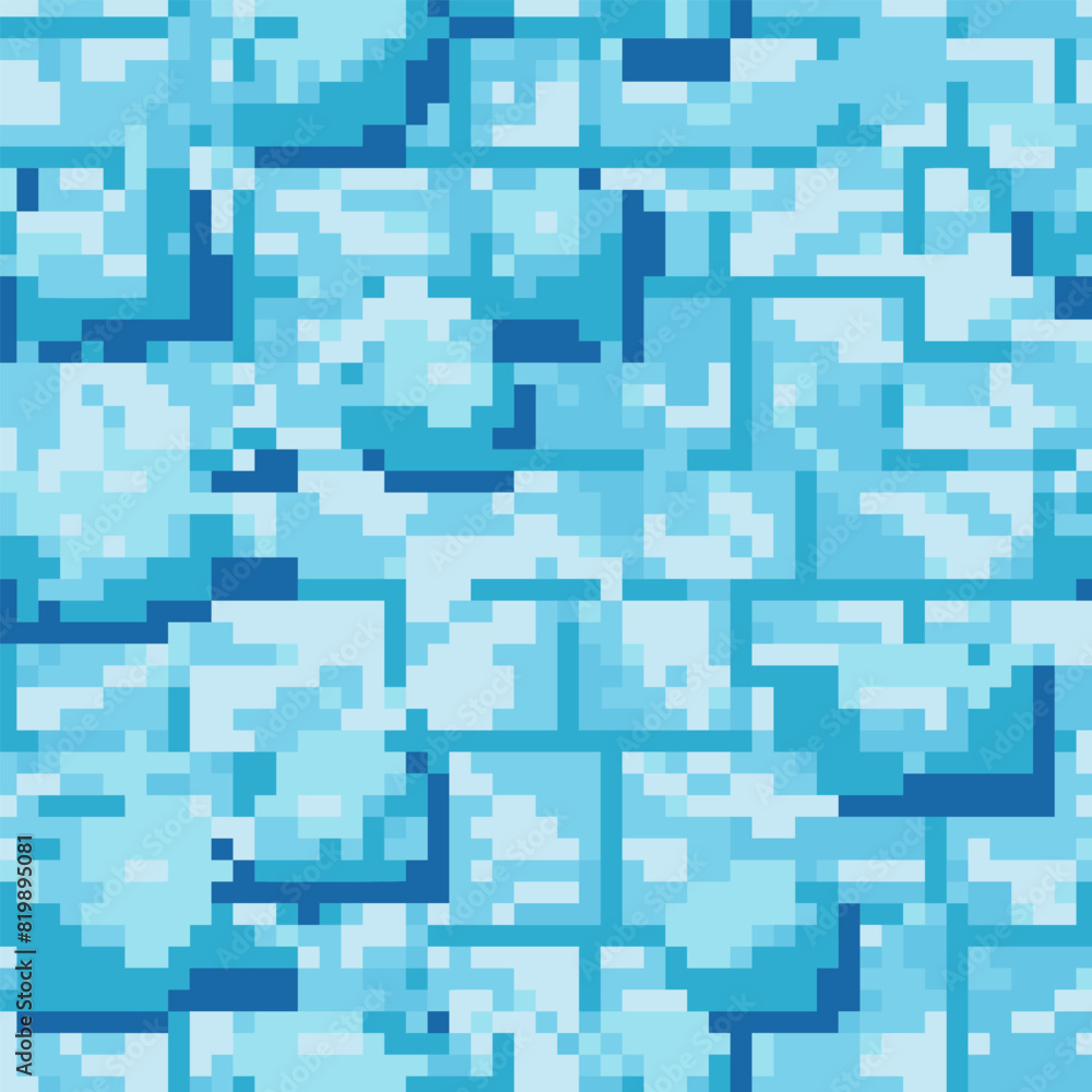 Vector snow, ice and water pixel blocks background pattern. Retro console game level cubic pixel texture. Computer 8 bit 80s arcade Vector snow, ice and water pixel blocks background pattern. Retro console game level cubic pixel texture. Computer 8 bit 80s arcade