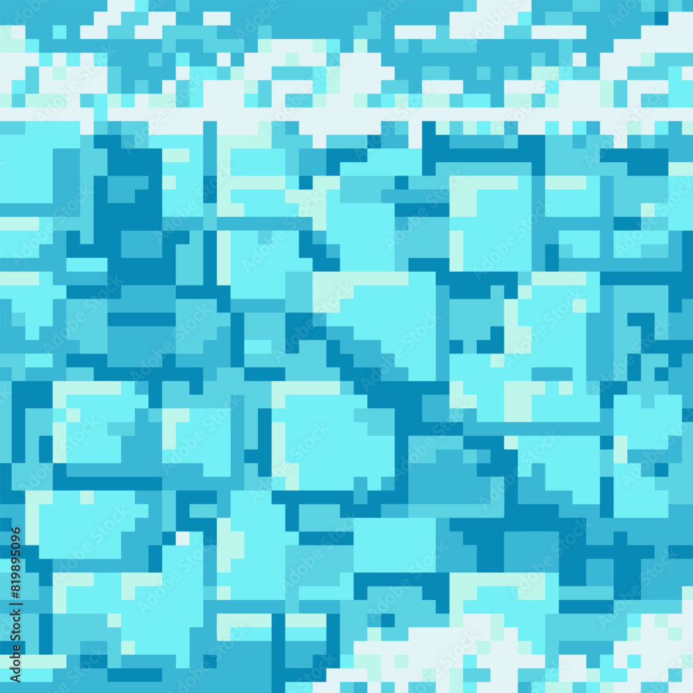 Vector snow, ice and water pixel blocks background pattern. Retro console game level cubic pixel texture. Computer 8 bit 80s arcade Vector snow, ice and water pixel blocks background pattern. Retro console game level cubic pixel texture. Computer 8 bit 80s arcade