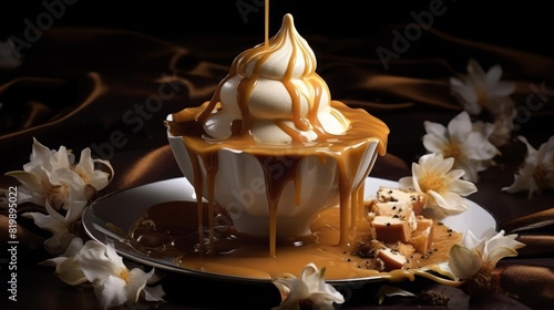 Caramel and cream blend, gourmet delight, selective focus, theme of indulgence, whimsical, Manipulation, backdrop of dark shadows photo