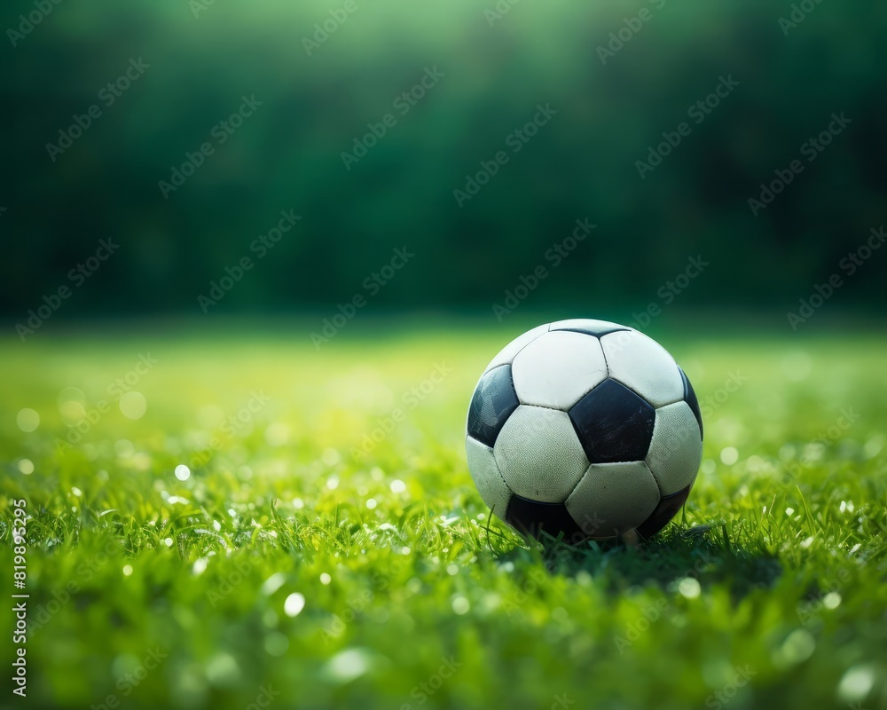 Fototapeta premium Classic football on field, game preparation, selective focus, theme of tradition, whimsical, Manipulation, backdrop of lush grass
