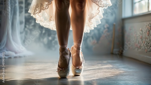 Graceful ballerina model in lace bodysuit poised en pointe soft tulle skirt ballet themed artistic