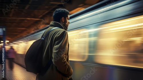 Commuter at subway platform  solitude in motion  close up  focus on the person  theme of stillness  ethereal  Multilayer  backdrop of speeding train