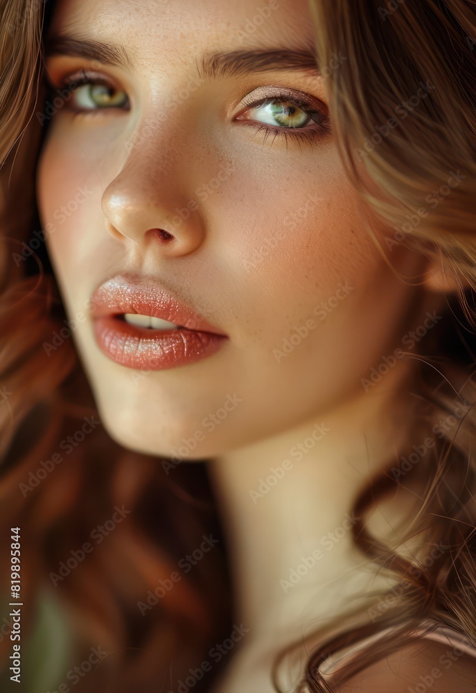 A captivating portrait captures the allure of a young woman with chestnut brown hair, her exquisite evening makeup emphasizing her natural beauty as she gazes warmly at the viewer. A captivating portrait captures the allure of a young woman with chestnut brown hair, her exquisite evening makeup emphasizing her natural beauty as she gazes warmly at the viewer.