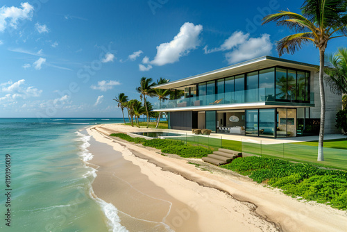 A sleek, contemporary grand house with large glass windows, located right on a sandy beach. The house has a lush, green lawn with palm trees and a minimalist, stylish garage. The scene is vibrant with © Izhar