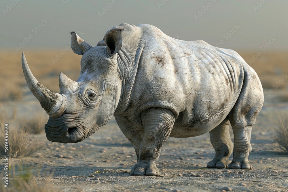 Fototapeta premium A powerful rhino standing in a dirt field. Suitable for wildlife and nature concepts