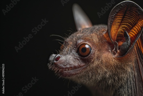 Mystic portrait of Long-Tailed Bats studio  copy space on right side  Anger  Menacing  Headshot  Close-up View Isolated on black background