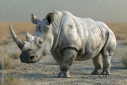A powerful rhino standing in a dirt field. Suitable for wildlife and nature concepts