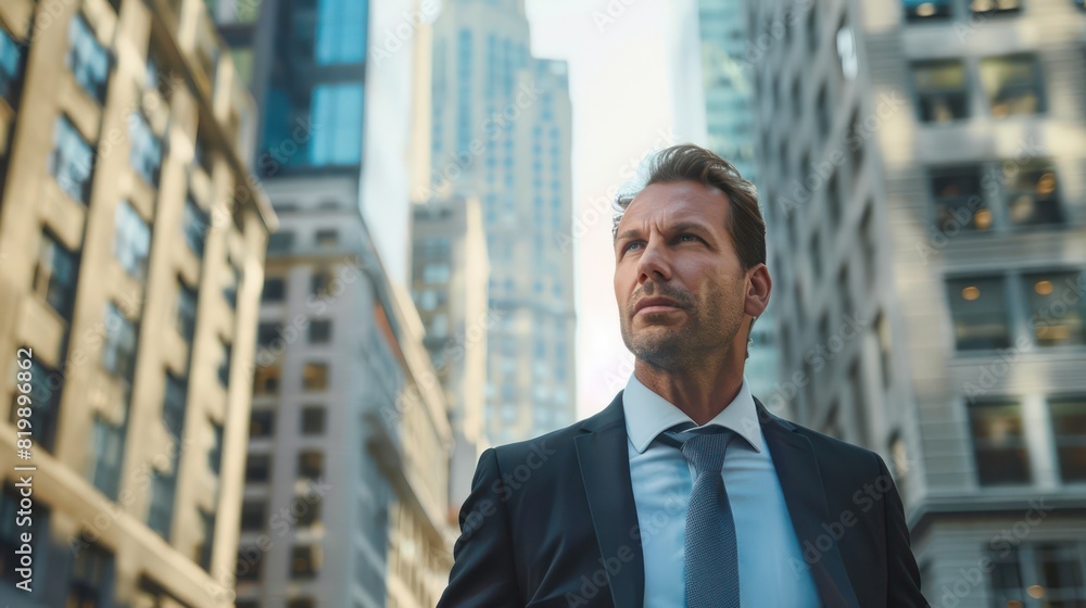 Fototapeta premium A determined businessman walks briskly through the city, his focused expression revealing his commitment to success. 