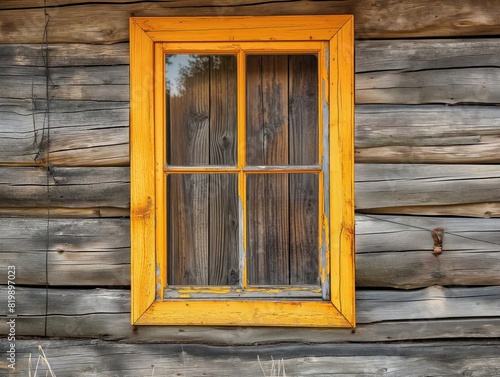 A yellow window with wooden frames sits in front of a wooden wall