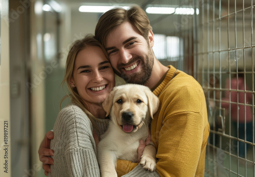 Happy young couple with cute puppy in animal shelter, hugging and smiling while looking at the dog inside cage.