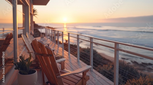 coastal balcony with Adirondack chairs  driftwood decor  and panoramic ocean views  offering a serene retreat by the sea