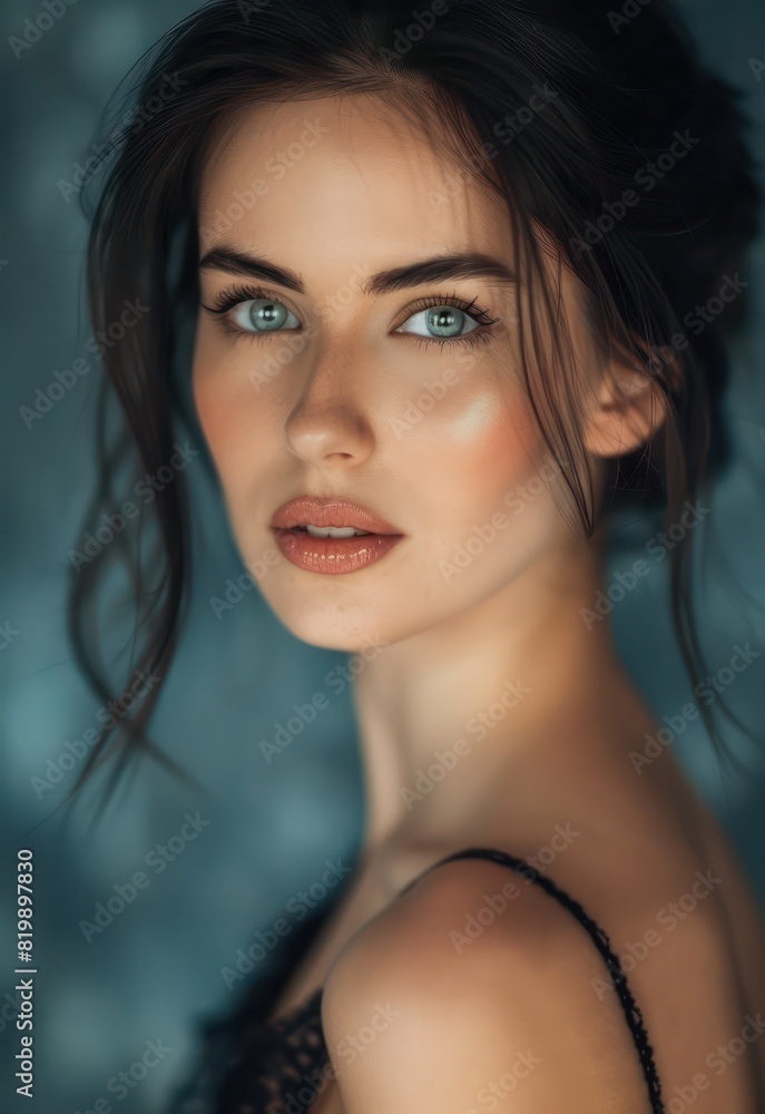 A stunning brunette with flawless evening makeup looks directly at the camera with a kind, tender expression, radiating beauty and sophistication. A stunning brunette with flawless evening makeup looks directly at the camera with a kind, tender expression, radiating beauty and sophistication.