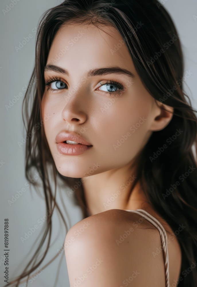 A stunning brunette with flawless evening makeup looks directly at the camera with a kind, tender expression, radiating beauty and sophistication. A stunning brunette with flawless evening makeup looks directly at the camera with a kind, tender expression, radiating beauty and sophistication.