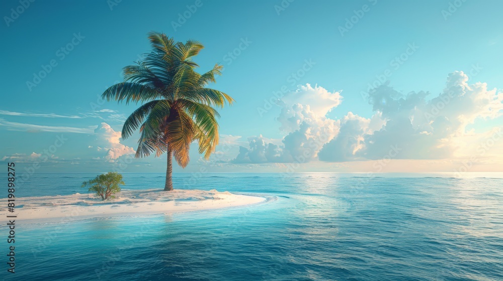 Fototapeta premium Solitary palm tree on a tiny desert island in the middle of a clear ocean on a sunny day