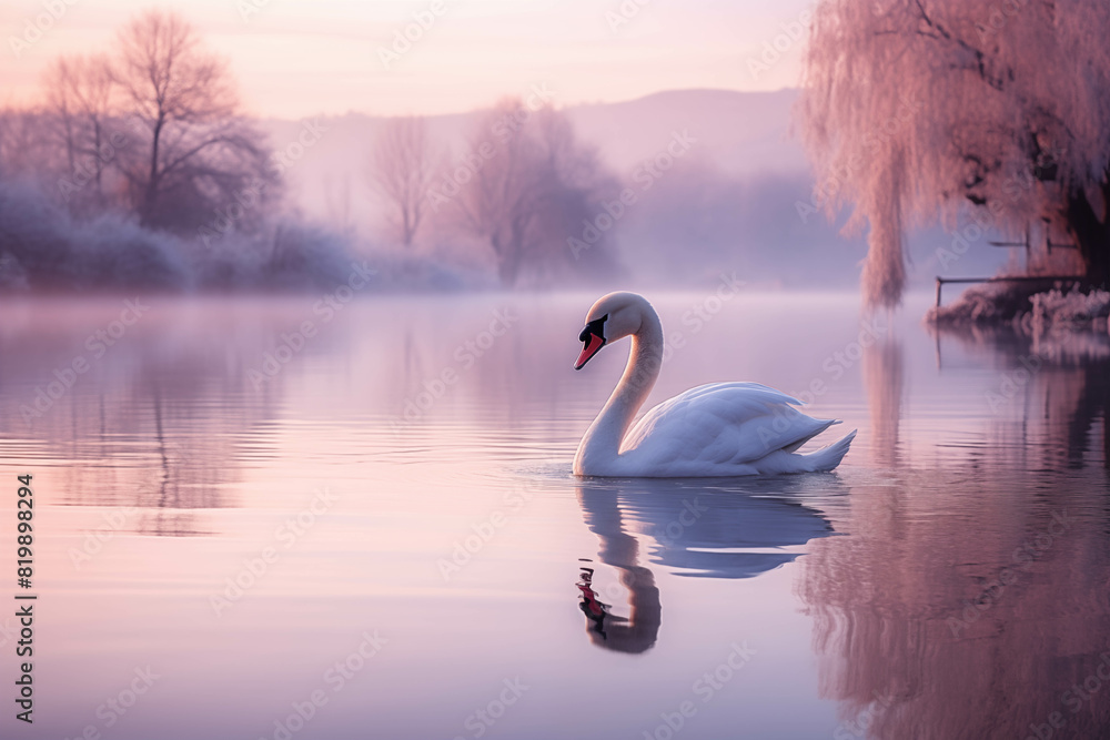 Obraz premium A graceful white swan swims peacefully in a serene, misty lake at sunrise, surrounded by soft pastel colors and frosty trees.