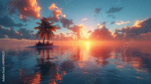 Solitary palm tree on a tiny desert island in the middle of a clear ocean on a sunset photo