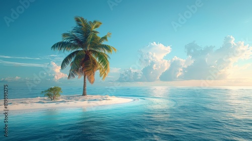 Solitary palm tree on a tiny desert island in the middle of a clear ocean on a sunny day