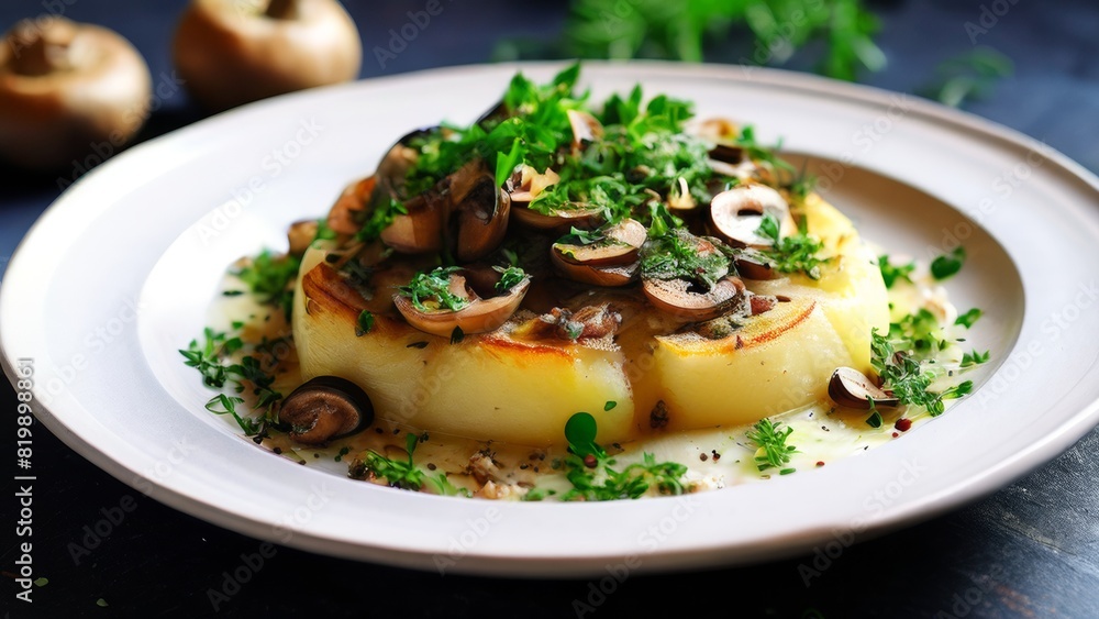 Pieces of spicy potatoes with mushrooms and herbs. Pieces of spicy potatoes with mushrooms and herbs.