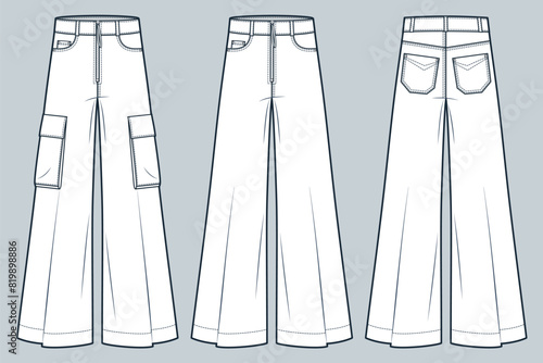 Wide Leg Jeans Pants technical fashion illustration. Cargo Pants fashion flat technical drawing template, high waist, pockets, front and back view, white, women, men, unisex CAD mockup set.