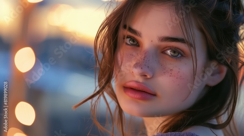 A mesmerizing portrait captures the beauty of a young woman with brown hair, her evening makeup enhancing her features as she gazes with gentle affection at the viewer.