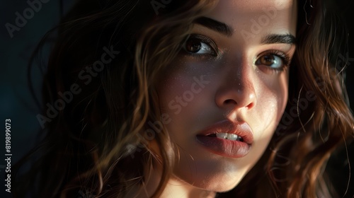 A mesmerizing portrait captures the beauty of a young woman with brown hair, her evening makeup enhancing her features as she gazes with gentle affection at the viewer.  © Wattana