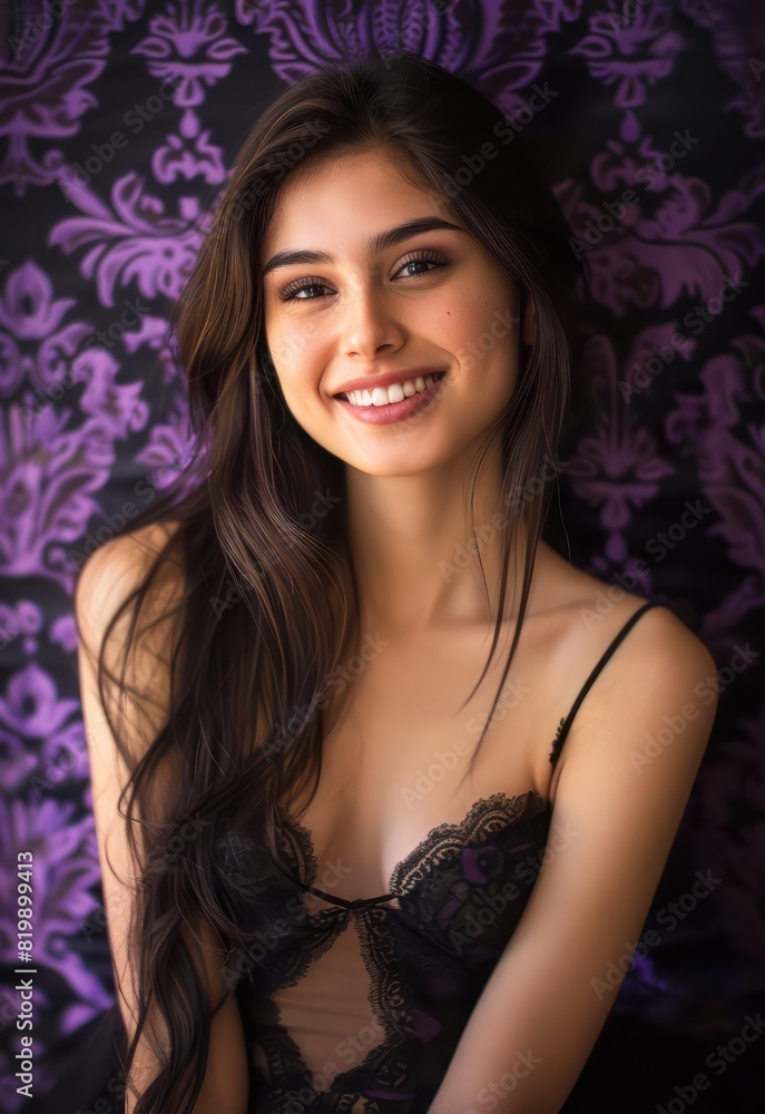 A portrait of a pretty and content young woman, elegantly dressed and smiling brightly against a backdrop of luxurious purple. A portrait of a pretty and content young woman, elegantly dressed and smiling brightly against a backdrop of luxurious purple.