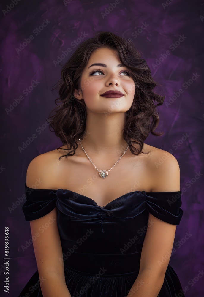 A portrait of a well-dressed and lovely girl radiating contentment and joy against a backdrop of deep purple, showcasing her elegance and grace. A portrait of a well-dressed and lovely girl radiating contentment and joy against a backdrop of deep purple, showcasing her elegance and grace.