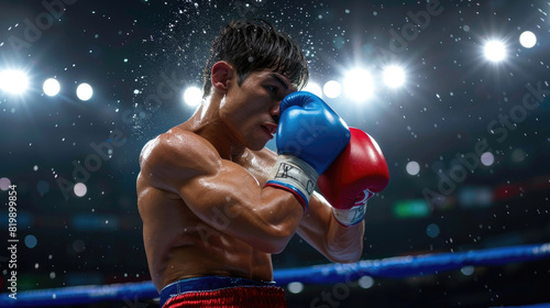 Skilled boxer defends a punch in a brightly lit arena, with sweat and focus visible on his face, creating an intense and dramatic moment during a nighttime match © sommersby
