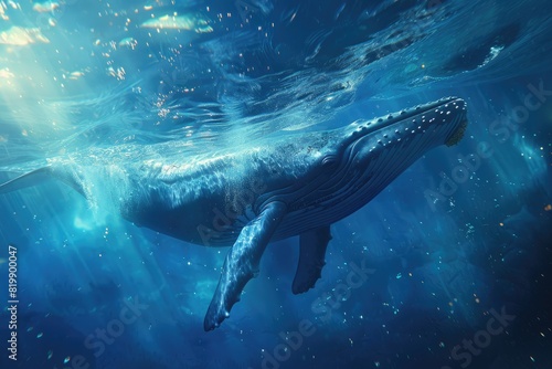 A blue whale swims in the deep blue sea. AIG51A. photo