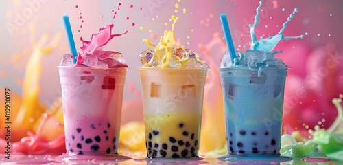 Three Colorful Bubble Tea Drinks With Splashes of Liquid