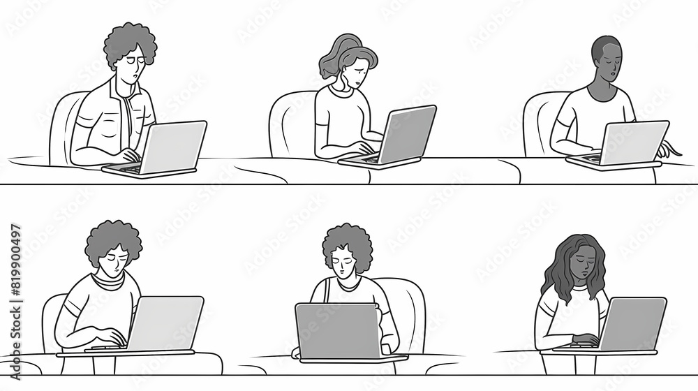 Set of black and white cartoon illustrations for freelancers Adults who have traveled far from isolated 2D cultures. Teleworking monochrome vector image collection Set of black and white cartoon illustrations for freelancers Adults who have traveled far from isolated 2D cultures. Teleworking monochrome vector image collection