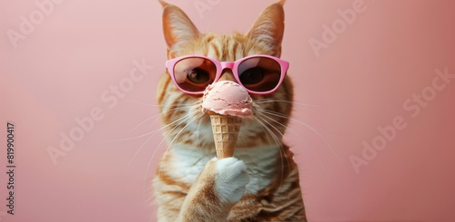 Cat in Sunglasses Eating Ice Cream Cone