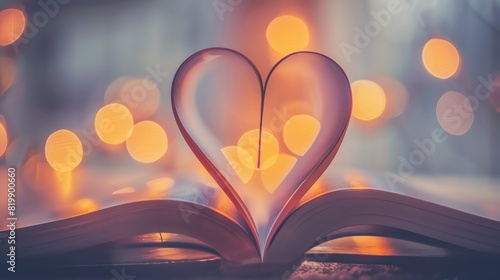 Open book with pages shaped into a heart, glowing warm lights in the background, representing love for reading and romance.