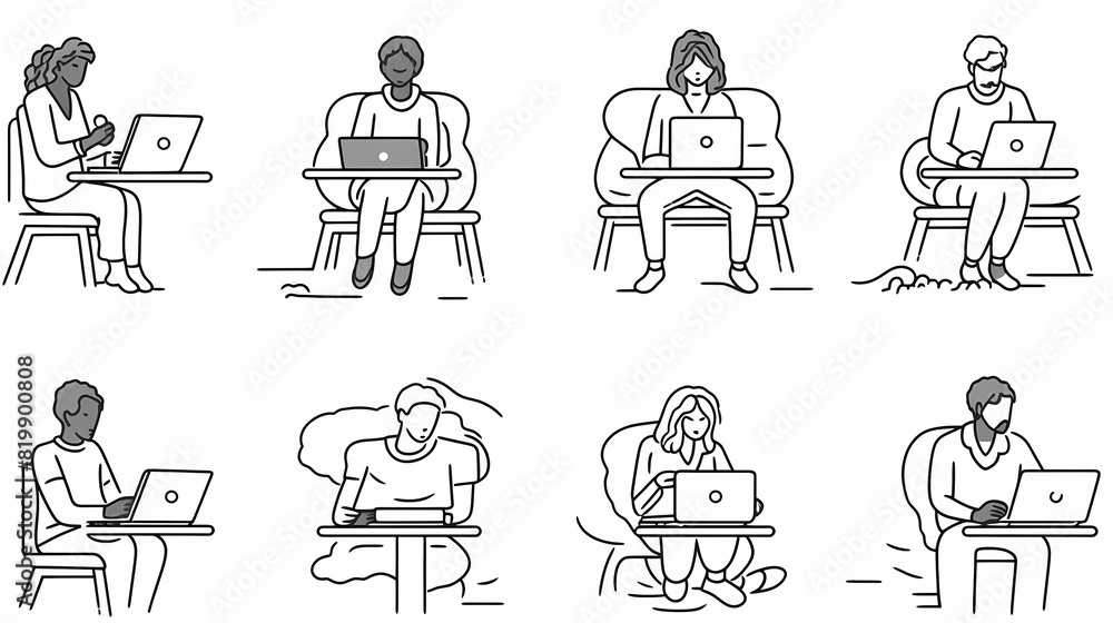 Set of black and white cartoon illustrations for freelancers Adults who have traveled far from isolated 2D cultures. Teleworking monochrome vector image collection Set of black and white cartoon illustrations for freelancers Adults who have traveled far from isolated 2D cultures. Teleworking monochrome vector image collection