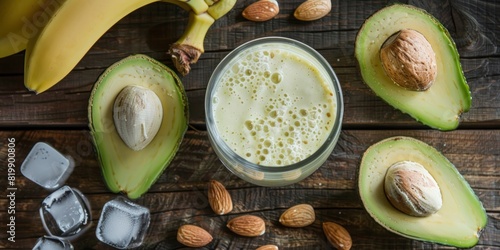 A photograph of a delicious avocado and almond smoothie recipe, showcasing a cup of almond milk, a quarter cup of raw almonds, half a small banana, half an avocado, and a quarter cup of ice, arranged