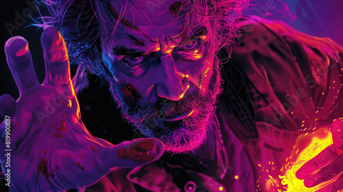 A bearded man with intense expression casts a glowing spell with his hand in a vibrant, neon-lit environment. His mystical energy radiates vivid purples and reds in the dark setting
